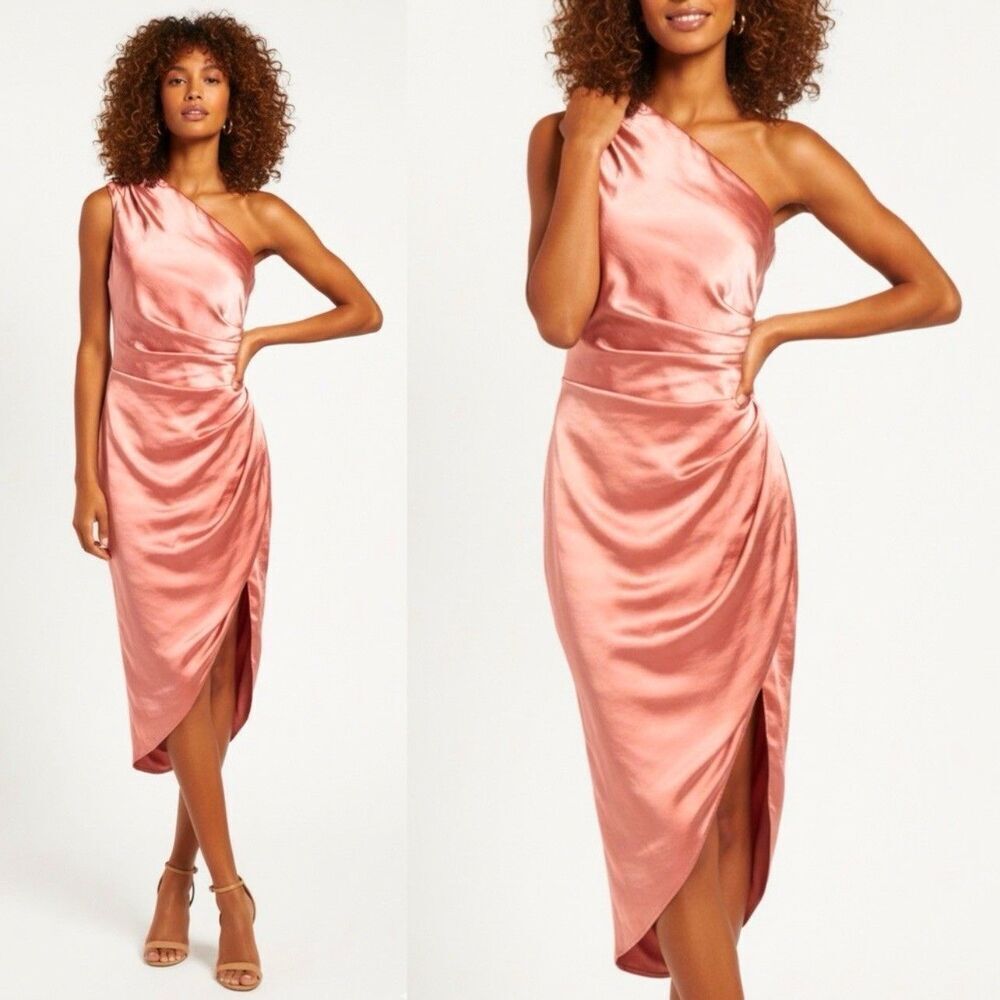 ELLIATT Coral Cassini One Shoulder Ruched Midi Dress NEW Size L Shiny Satin